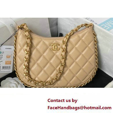 Chanel Shiny Crumpled Lambskin & Gold-Tone Metal Hobo Handbag AS4378 Beige 2023